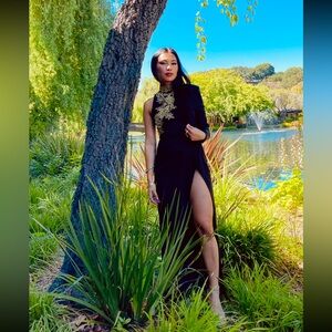 Pretty little thing black, long sleeve asymmetrical maxi dress size 0